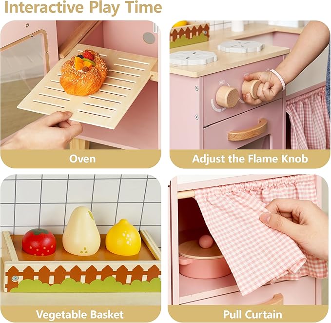 Pink Wooden Play Kitchen with Realistic Features & Accessories, Pretend Cooking Toy for Kids 3+, Ideal Gift for Toddler Boy and Girls