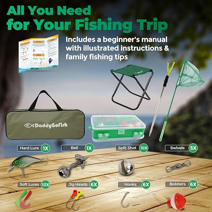 DaddyGoFish Kids Fishing Pole - Rod Reel Combo Tackle Box Starter Set - First Year Small Dock Gear Kit for Boys Girls Toddler Youth Age Beginner Little Children Junior Anglers Older Kids