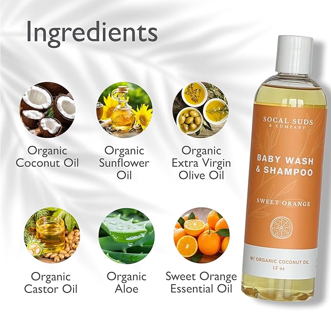 SoCal Suds & Company Baby Shampoo & Body Wash, 2-in-1 Organic Gel - Gentle Castile Soap with Vitamin-Infused Oils & Botanicals - Natural Care for Sensitive Skin Hypoallergenic - 12oz Sweet Orange