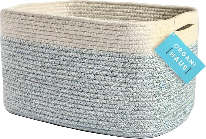 OrganiHaus White and Blue Basket | Coiled Rope Basket with Handles | Woven Basket for Storage | Nursery Storage Basket | Decorative Storage Basket | Towel Baskets for Bathroom | Baby Toy Basket