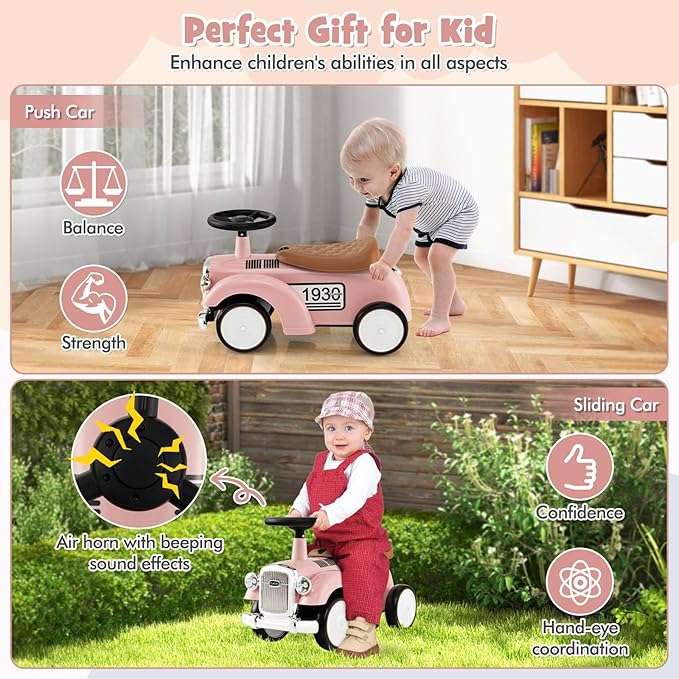 HONEY JOY Ride On Push Car, Outdoor Toddler Riding Toys w/Steering Wheel, Horn & Storage, Foot-to-Floor Sliding Car, No Batteries, Retro Baby Ride On Toys for Boys and Girls (Pink)