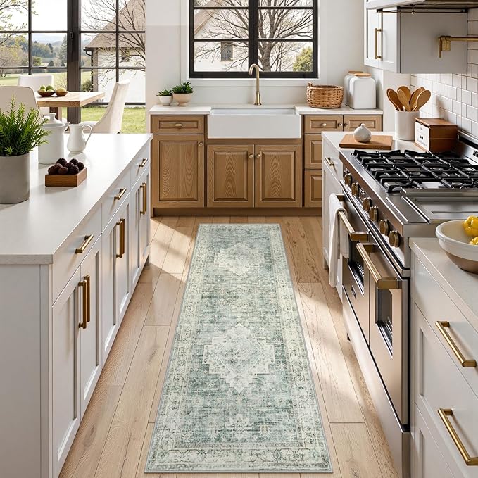 LIVEBOX Washable 2x7 Runner Rug for Bathroom, Non Slip Kitchen Mats for Floor Entryway, Boho Indoor Front Door Mat Low-Pile Runners for Hallways, Farmhouse Rugs for Laundry, Sage Green