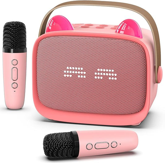 Mini Karaoke Machine Toys Gifts,Kids Portable MP3 Player with 2 Wireless Microphone and LED,Christmas Birthday Gifts for Girls Boys 3 4 5 6 7 8+ Year Old (Pink)