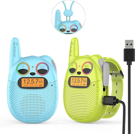 Qniglo Walkie Talkies for Kids Rechargeable 2 Pack,Christmas Birthday Gifts Toys for Age 3-12 Boys Girls, Long Range Kids Walky Talky with FM Radios for Family Adventure Camping Hiking Spy Games