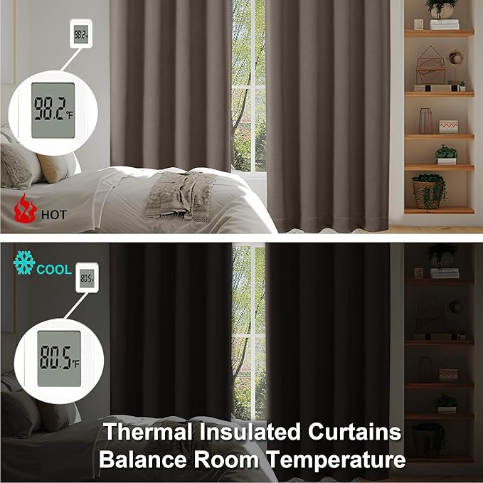 Simplebrand Ava Brown Short Blackout Curtains for Bedroom 54 Inches Long 2 Panels Set, Solid Thermal Insulated, Energy Saving Window Treatment Curtains Blackout Drapes, W40 x L54 Inch, Brown
