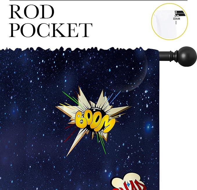 Super Hero Rod Pocket Blackout Curtains for Boy Girl Bedroom, Exploding City Starry Cartoon Skyline Thermal Insulated Home Window Drapes for Living Room Darkening, 55x63 inch