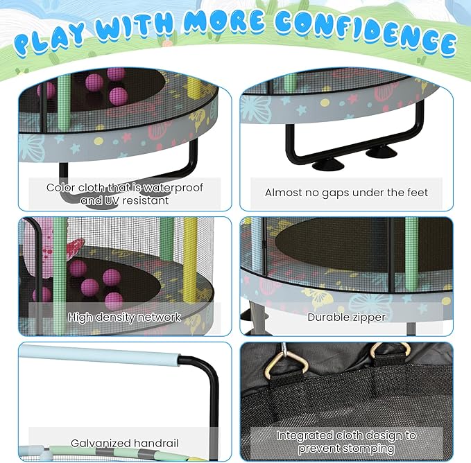 LAMERGE 55" 7-in-1 Round Trampoline for Kids Boys & Girls Ages 1-8, Indoor & Outdoor Trampoline for Fun, Adjustable Height Handrail ＆ Enclosed Safety Net ＆ Durable Designs for Toddlers Children