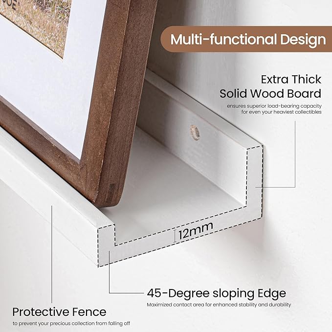 Picture Ledge Shelf, Solid Pine Wood Floating Shelves Set of 4, 16 Inches Nursery Book Shelves for Toys Storage, Kids Bookshelf Wall Mounted for Living Room Decor Photo Frames, White