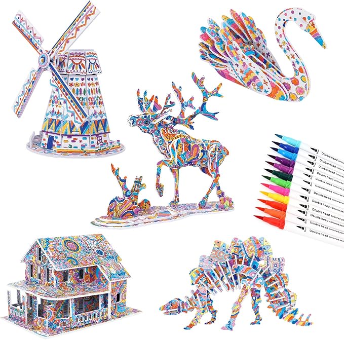 BEARUN 3D Coloring Puzzle Set, Arts and Crafts for Girls and Boys Age 6 7 8 9 10 11 12 Year Old, Fun Educational Painting Crafts Kit with Supplies for Kids, Birthday Toy Gift for Kids