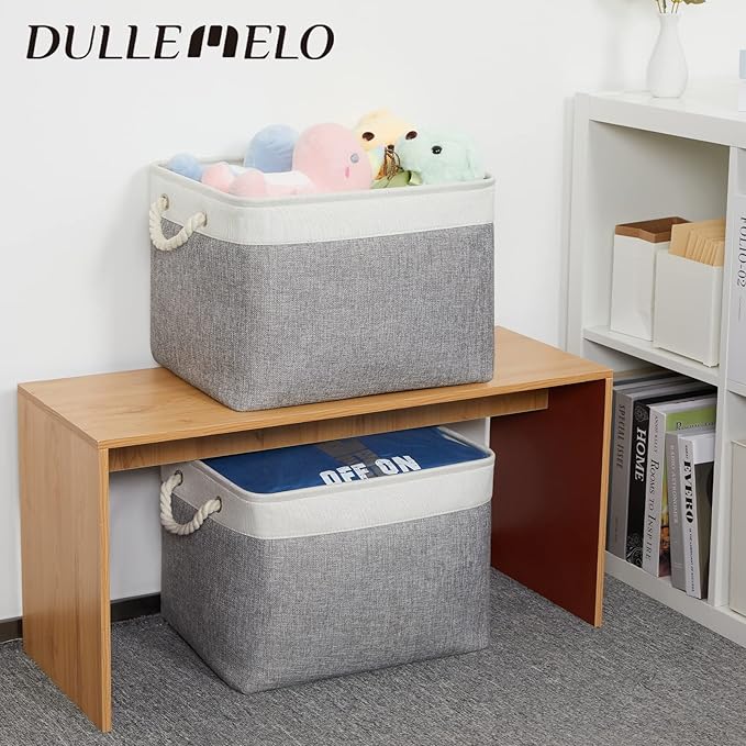 DULLEMELO Storage Baskets for Organizing 16x12x12 Large Fabric Storage Bins Baskets Set of 2 Collapsible Decorative Storage Boxes for Shelves Closets Nursery Toy Clothes (White And Grey)