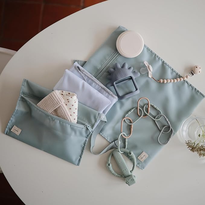 mushie Water Resistant Wet Bags | Large & Small Reusable Storage Bag for Baby Items and Travel | Zippered Pockets with Handle | Machine Washable, Set of 2 (Roman Green)