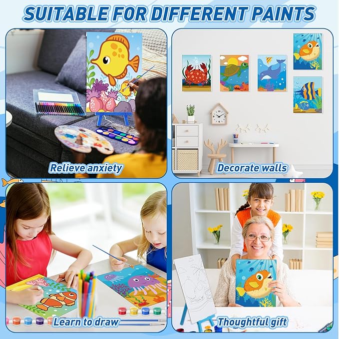 Blosssound 10 Set Pre Printed Canvas Pre Drawn Canvas Painting with Easel Kits 5" x 7" Outline Painting Panels for Beginners, DIY Craft Project, Party Favor, Home Decors(Ocean)