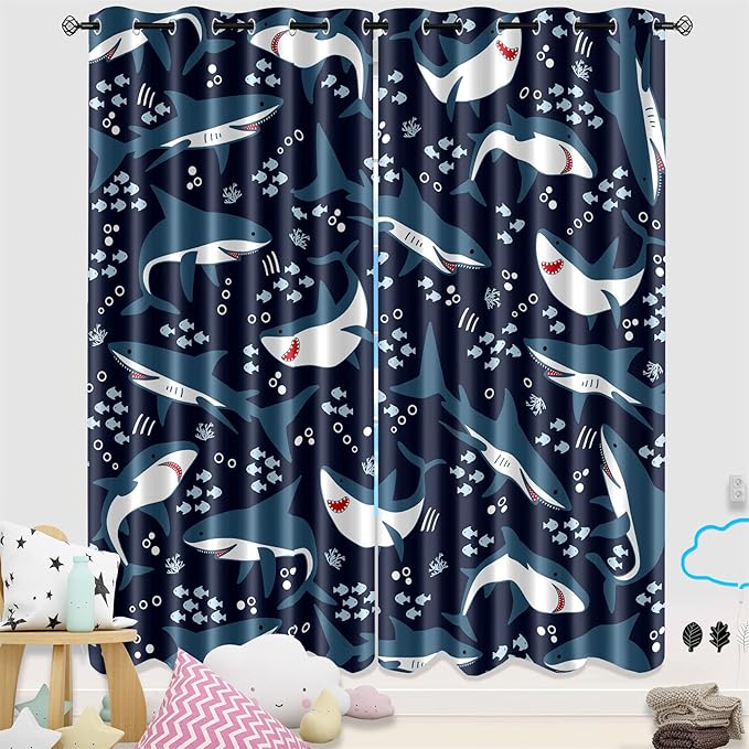Cartoon Shark Blackout Curtain Panels Curtains Blue Curtains for Boys Bedroom Grommet Top Window Treatment 2 Panels Drapes Kids Room Decor Navy Blue Curtains 84 Inch Length, 82''x84''