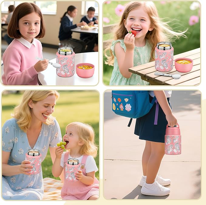 Soup Thermo for Hot Food Kids 16oz Insulated Food Jar Leakproof Thermo Lunch Container for Kids Wide-Mouth Stainless Steel Lunch Box for School with Handle Folding Spoon(3+)