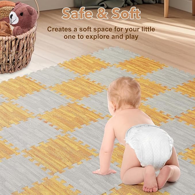 Skyweaver 24 Tiles Soft Non-Toxic Baby Play Mat for Floor EVA Foam Jigsaw Puzzle Play Mat, Interlocking Squares with 0.6inch for Babies, Toddlers & Kids Gym, Nursery, Playroom, Gray