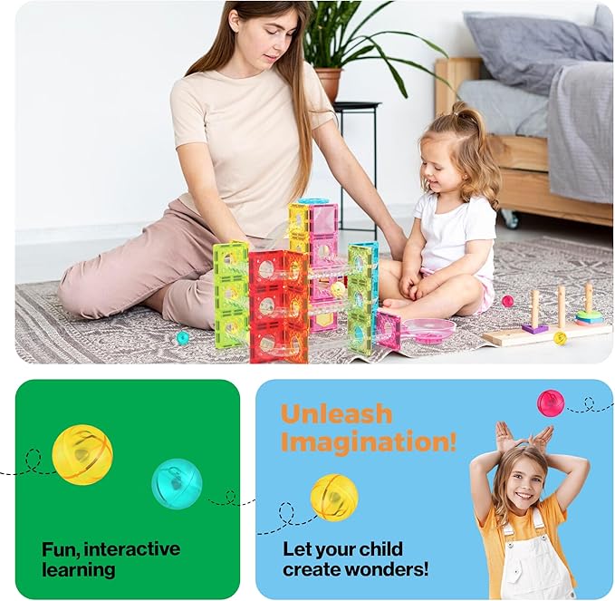 PicassoTiles 60 pc Magnet Tiles Building Block Travel Size Magnetic Marble Run Construction Toy Set Mini Diamond Marble RaceTrack Building Blocks Playset Education STEM Learning Kit Boy Girl 3+ PTMG60
