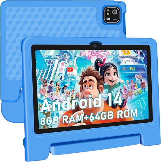 Tablet for Kids, 10.1 inch IPS HD Touchscreen Android 14 64 GB Storage, 8GB RAM, Octa Core Kids Tablet, Parental Controls, 12-hr Battery, WiFi, GPS - Blue