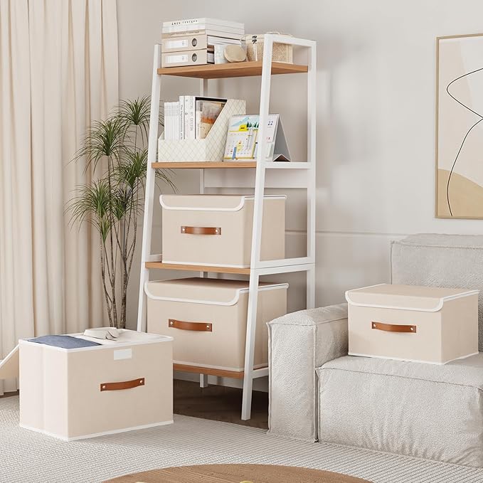 Yawinhe Collapsible Storage Boxes, Linen Fabric Baskets, Bin with lid and Leather Handle, Washable, for Home, Closet, Beige, 17.7''Lx11.8''Wx11.8''H, 5-Pack, USNK024BEX-5