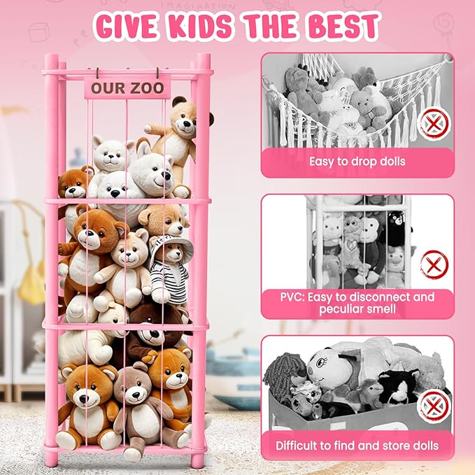 Stuffed Animal Storage & Organizer, Wooden Cute Zoo Toy Holder for Toddler Rooms, Playrooms & Bedrooms（Pink）