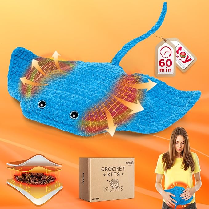 Mewaii Microwavable Heatable Manta Ray Crochet Kit for Beginners Level 2 with 40% Extra Eco-Friendly Pre-Started Easy Yarn, Step-by-Step Video Tutorials for Adults and Kids
