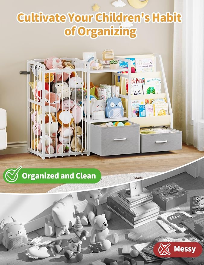 Kids Bookshelf and Toy Storage, Large 3 Tier Book Shelf for Kids Rooms, Sling Baby Bookcase with Stuffed Animal Storage, Toddler Montessori Bookshelf for Nursery, Playroom, Kindergarten