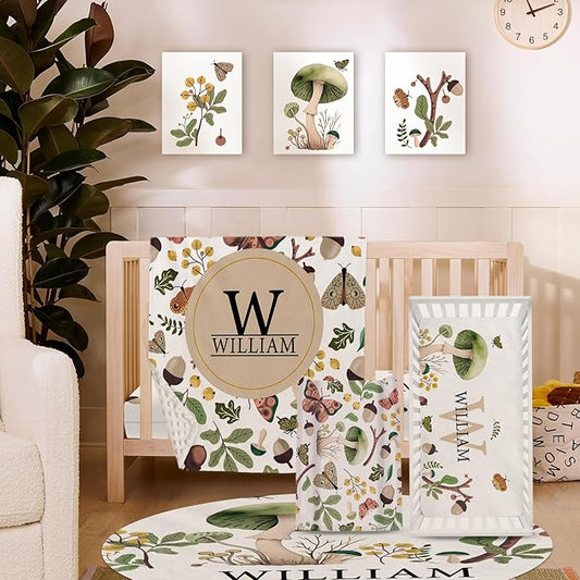 Personalized Baby Crib Bedding Set for Baby Boys Girls, Mushroom Design Custom Name Baby Crib Sets 5-Pcs, Toddler Double Layer Blanket Fitted Sheets Changing Pad Cover Rug Wall Art Set