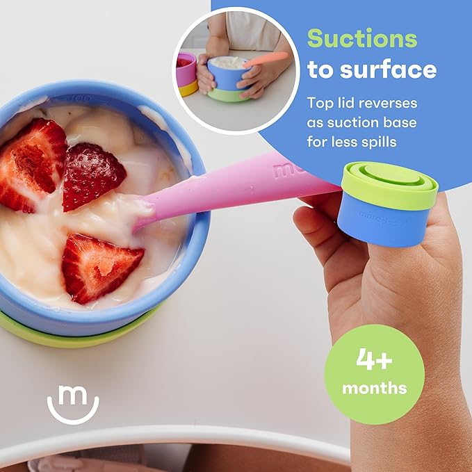 morepeas The Everything Snack Bowl - All-in-One Baby, Toddler & Kid Food Container - Travel Essential with Spill Proof Lid & Suction Base - Blueberry