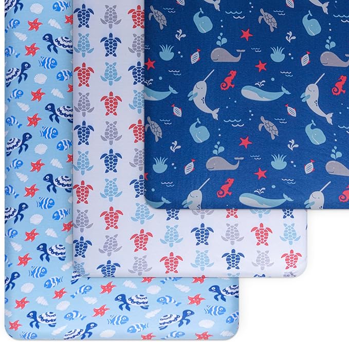 GROW WILD Blue Ocean Baby Crib Sheets for Boys (3 Pack) - Jersey Knit Fitted Sheet (52" x 28"), Toddler Bedding Set & Baby Boy Crib Bedding Set, Turtles and Sea Animals Theme