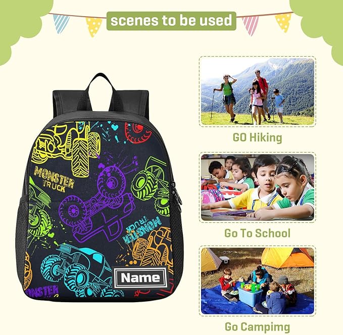 Toddler Backpack Colorful Monster Truck Waterproof Mini Backpack with Name/Text Preschool Backpack Cute Small Backpack Kindergarten Pre School Bags 11 Inch, Pattern 2