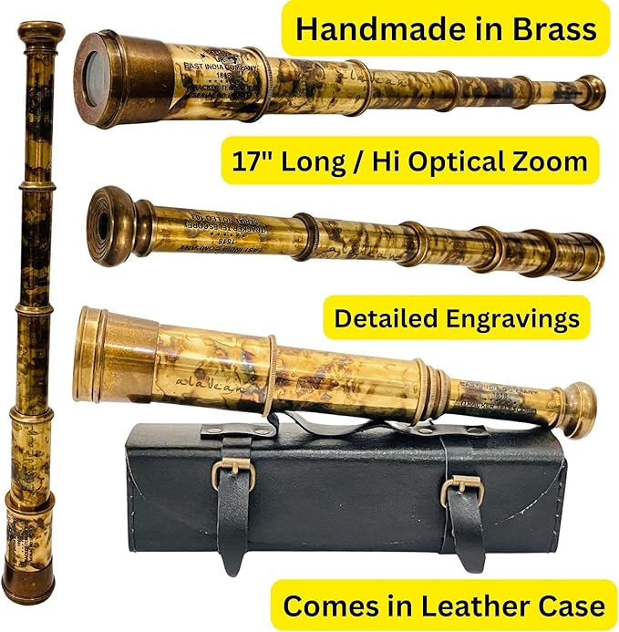 Rare Brass Telescope Spyglass - East India Company 1818 Tracker Vintage Pirate Spyglass Scope Antique Large Handstitched Leather Gift Box (BT-EIC17)