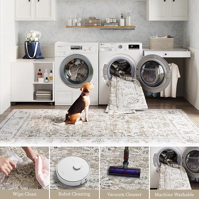 jinchan Runner Rug 2x5 Machine Washable Hallway Rug Taupe Vintage Floral Print Non-Slip Low Pile Ultra-Thin for Kitchen,Entryway,Laundry Room,Bedroom,Farmhouse (2‘x5’,Taupe)