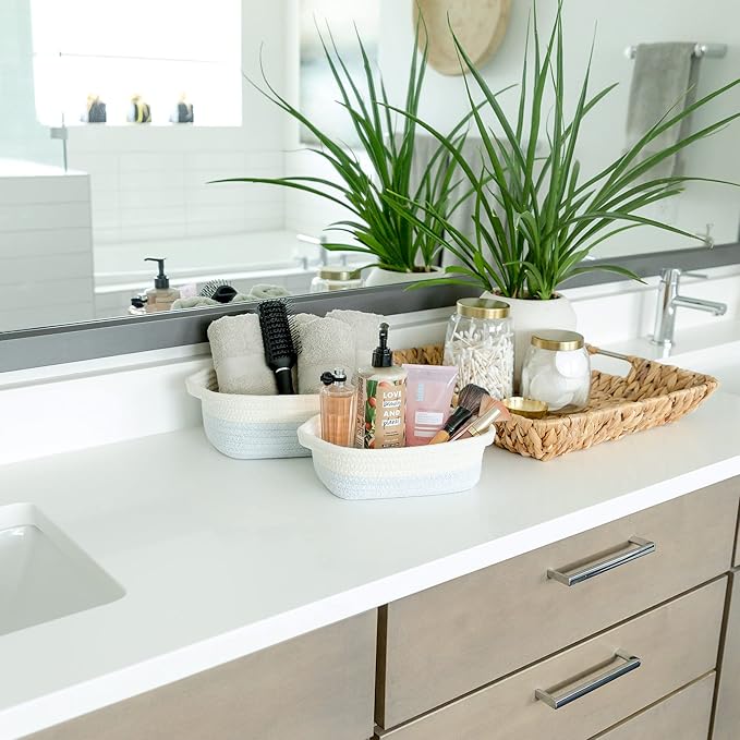 NaturalCozy 5-Piece Rectangle Storage Basket Set- Natural Cotton Rope Woven Baskets for Organizing! Small Basket for Montessori, Baby Nursery, Dog Toy Baskets, Cat Toy Box, Bathroom Organization Bin