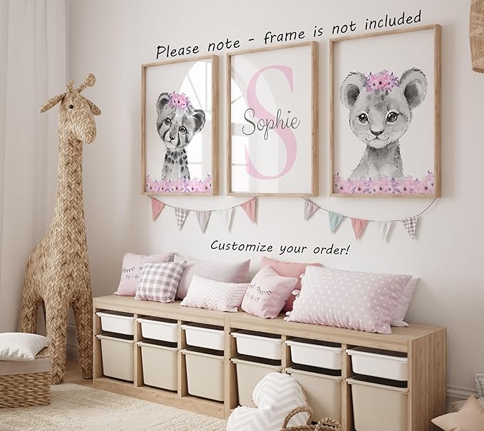Safari Animals Girls Nursery Bedroom Unframed Set of 3 Poster Prints, Personalized Name Pink or Purple Flowers Wall Art Decor New Baby Gift Present, Elephant Giraffe Panda Zebra Lion (11x14)