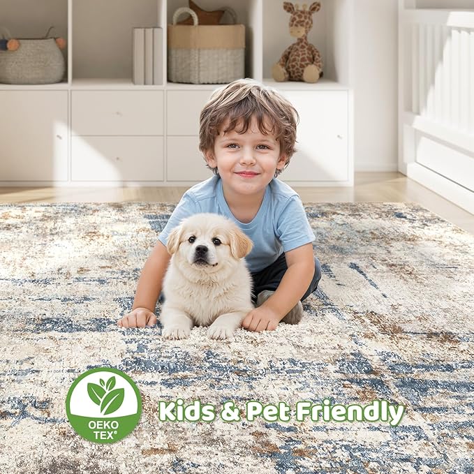 5x7 Area Rugs Living Room: Machine Washable Large Abstract Modern Soft Rug Stain Resistant Indoor Floor Non Slip Accent Carpet for Bedroom Nursery Playroom Dining Room Office Dorm Home House- Tan