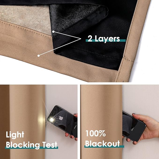 ChrisDowa 100% Blackout Curtains 102 inch Long for Bedroom with Black Liner, 2 Thick Layers Total Blackout Thermal Insulated Grommet Window Curtains 2 Panels Set (Cappuccino, 52 x 102 Inch)
