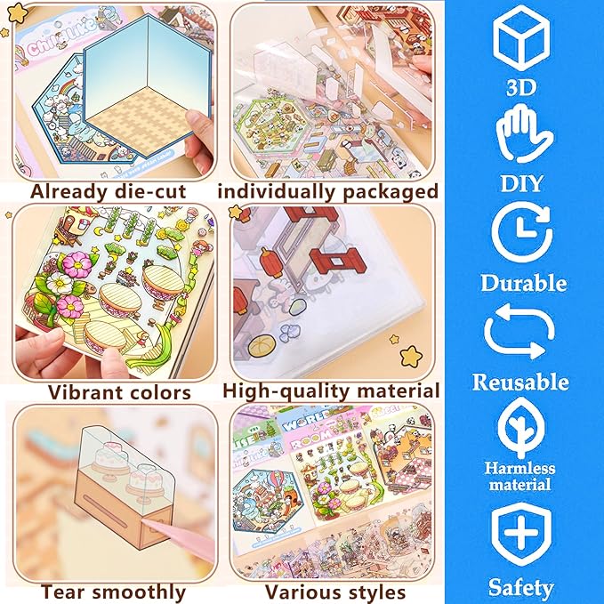 DIY 3D Sticker Scene，8 Sets Pack（500+）, Reusable Sticker Book, Cute Sets for Free Combination, Cute Waterproof for Anywhere, Crafts Party Favors Birthday Gift