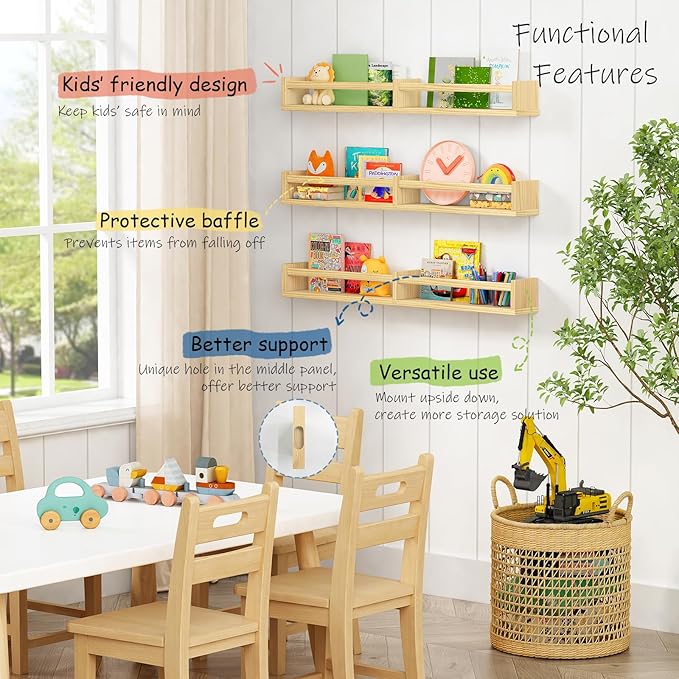Floating Nursery Book Shelves for Wall, 32 Inch Long Bookshelf for Kids Room, Wooden Large Wall Shelf with Hanging Rod for Baby Toddler Child Bedroom (3-Pack, Natural Wood)