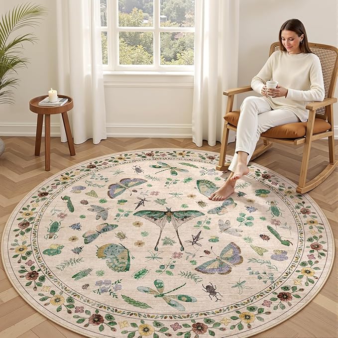 6ft Washable Round Rug - Bug Rugs for Living Room Non-Slip Low Pile Soft Ultra-Thin Machine Washable Circle Carpet for Bedroom, Entryway, Nursery, Kitchen, Home Office (6' Round Beige)
