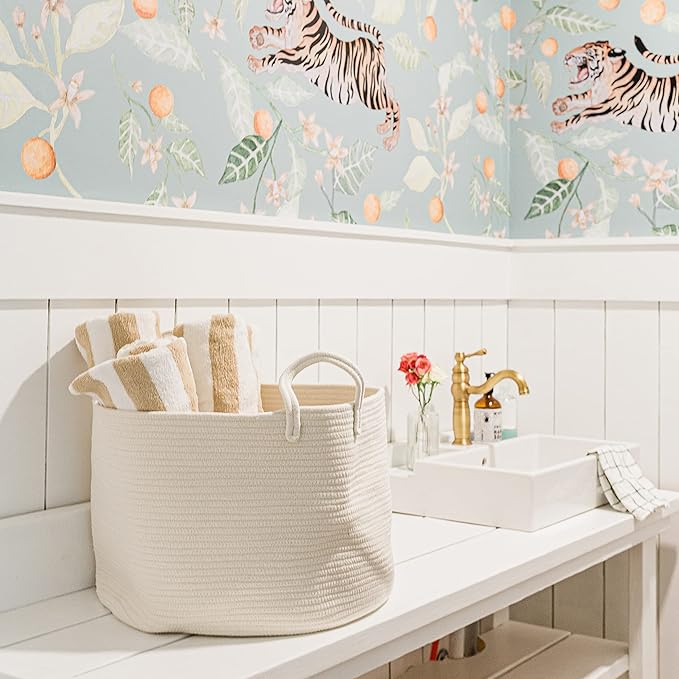 OrganiHaus Large Laundry Basket, Woven Cotton Rope Basket for Blankets, Toy Storage, Nursery Hamper, Living Room Decor Organizer, Soft & Durable Hamper with Handles, 20x13 inches - Off-White