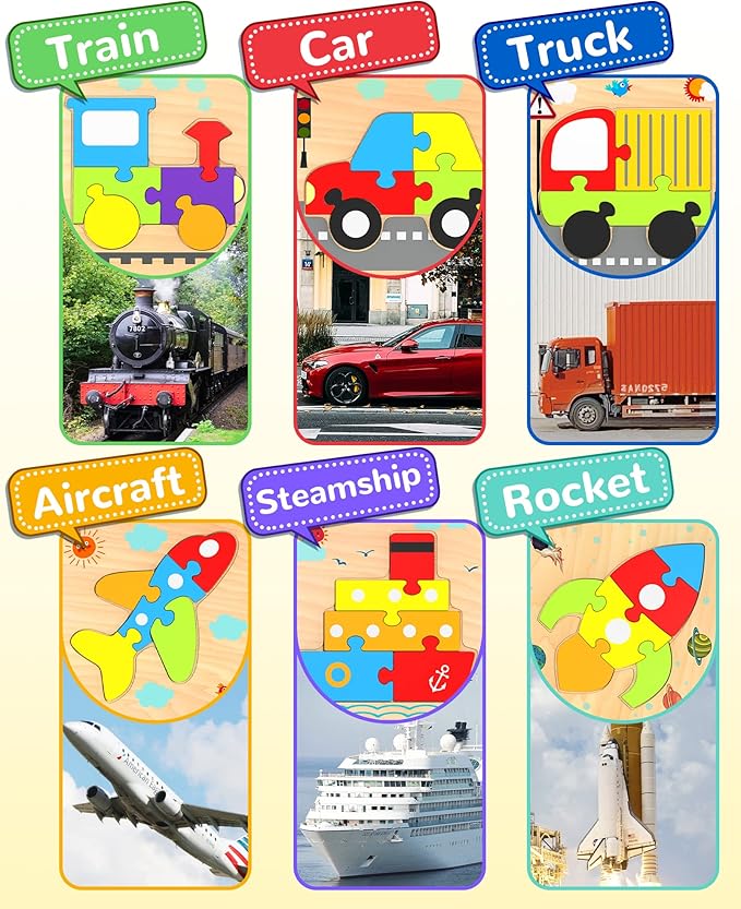 Yetonamr Wooden Toddler Puzzles Gifts Toys for 1 2 3 Years Old Boys Girls, 6 Vehicle Shape Montessori Toys Educational Blocks Kids Gift Baby Learning Toy Age 1-3, 2-4