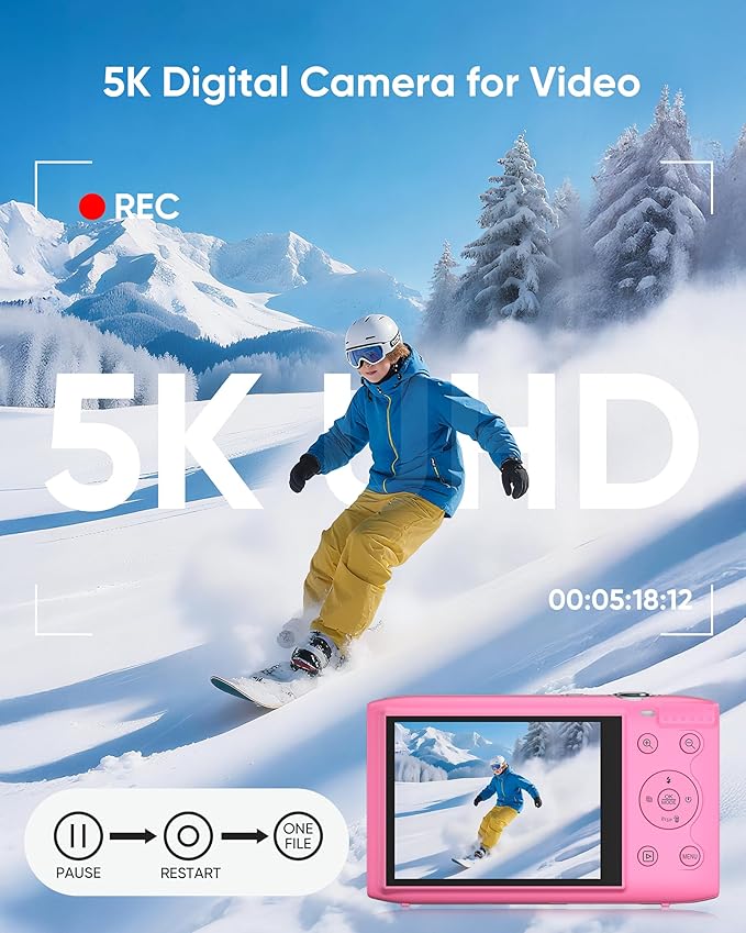 T TAKMLY Digital Camera 5K, Autofocus 16x Zoom 72MP Point and Shoot Cameras Compact Portable with Flash for Kids Boys Girls Teens Students, Anti Shake 2.8'' Screen, 64GB Card Include, Pink