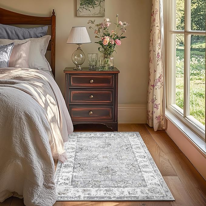 jinchan Floral 3x5 Area Rugs for Entryway - Machine Washable Taupe Vintage Distressed Design Doormat Non-Slip Ultra-Thin Low Pile Boho Rug for Kitchen Living Room Bedroom Farmhouse (3‘x5',Grey)