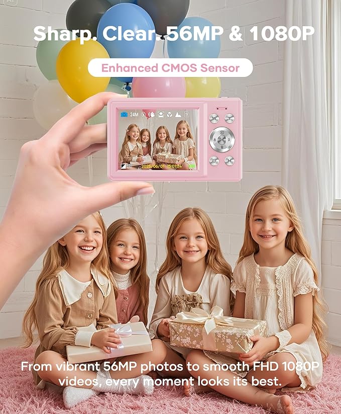 Digital Camera, 56MP FHD 1080P Point & Shoot Camera with 32GB SD Card, 2 Batteries, and Lanyard, Ideal for Kids & Teens, Suitable Gift for Girls