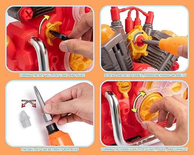 Engine Building Kit, Kids Mechanic Repair Set for Kids Motorcycle Engine，Take Apart Toys-42pc Playset，STEM Engine Model Kit Toy with Cool Lights&Sounds，Educational Toys for 3+ Year Old (red)