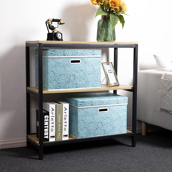 PRANDOM Larger Collapsible Storage Cubes with Lids Fabric Decorative Storage Bins Boxes Organizer Containers Baskets with Cover Handles for Bedroom Closet Living Room Blue 17.7x11.8x11.8 Inch 3 Pack