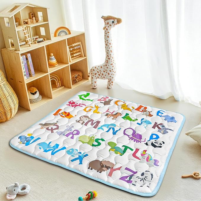 Baby Play Mat, 43x43 Mat with Super Soft Touch, Activity Mat with Upgraded Anti-Slip Bottom, Machine Washable Crawling Mat for Floor & Picnic(Animal Alphabets)