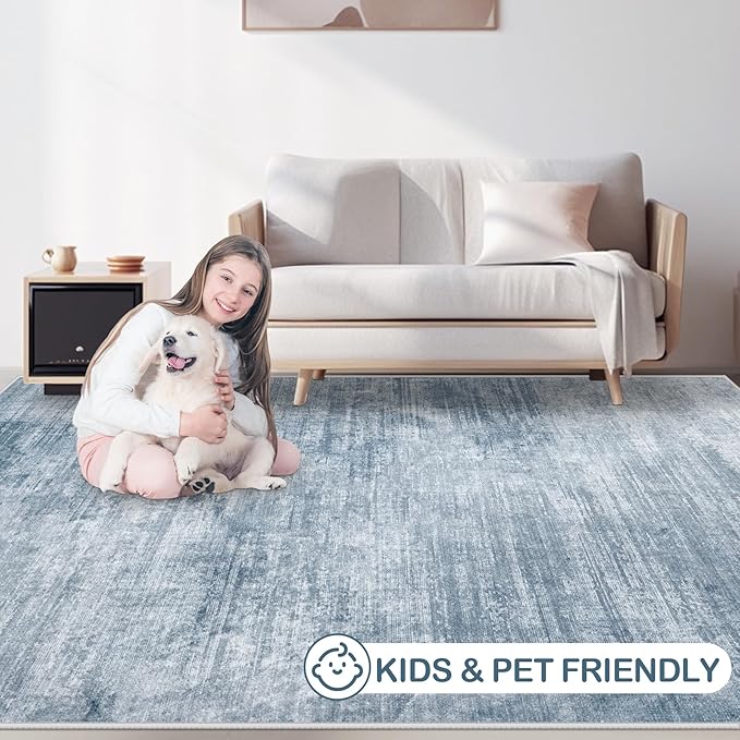 Area Rugs 10x14 Living Room: Washable Rug Modern Abstract Large Rugs Soft Non Slip Neutral Rug Stain Resistant Indoor Carpet for Bedroom Kitchen Dining Room Home Office Rugs(Blue, 10'x14')