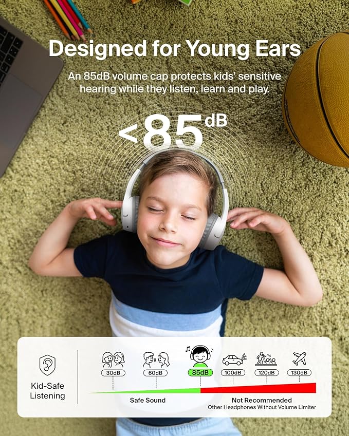 Belkin SoundForm Mini Kids Wireless Headphones w/Built-in Microphone, 30H of Playback Time, Fun Stickers, & Case - Over-Ear Headsets for Online Learning, School, iPhone, iPad, Galaxy, & More - White