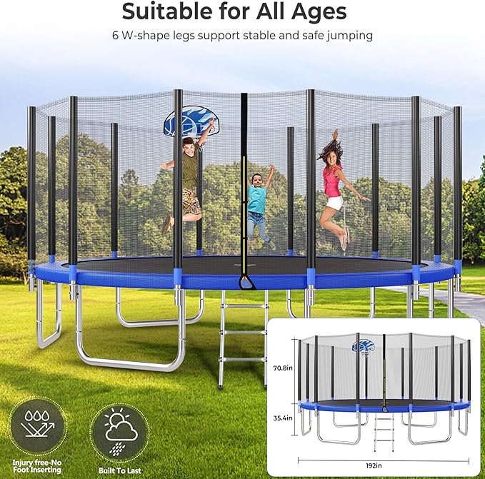 Upgraded 16FT 15FT 14FT 12FT 10FT 8FT Trampoline Outdoor with Basketball Hoop and Net, Capacity for 4-6 Kids and Adults