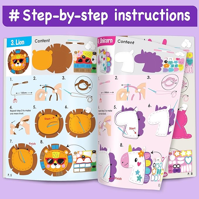 EZCRA Unicorn Sewing Kit for Kids - 8-in-1 Kids Sewing Kit - Easy to Do Craft Kits for Ages 4-8 - Sewing Crafts - Extra Felt Stickers for Decoration - No Mess with Full Instructions
